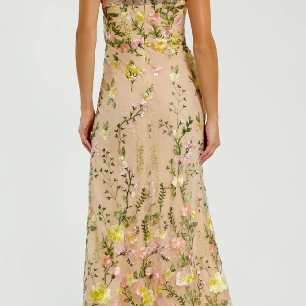 Mac Duggal Backless Floral Dress in Cream and Green